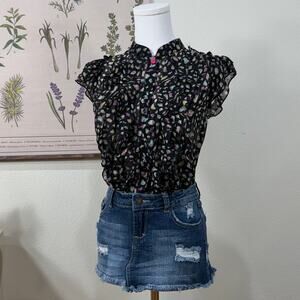 Sheer Black Multicolor Leopard Ruffle Heart Button Up Blouse JFashion Gyaru M